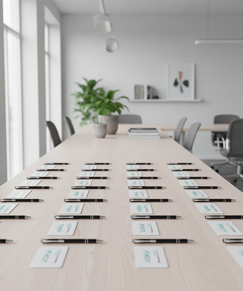 Ett långt konferensbord i trä i ett ljust, modernt kontor är dukat med rader av svarta pennor och vita kort med "voky"-logotypen.